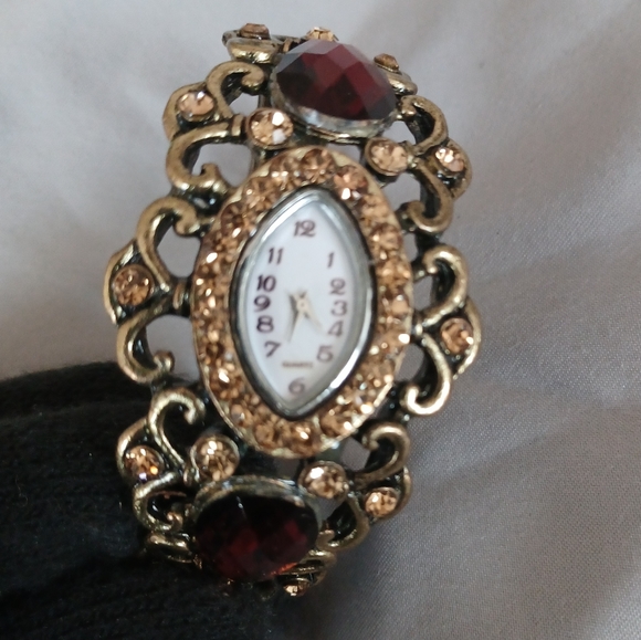 Victorian Era Type design brass colored bangle watch timepiece red brown stones - Picture 3 of 9